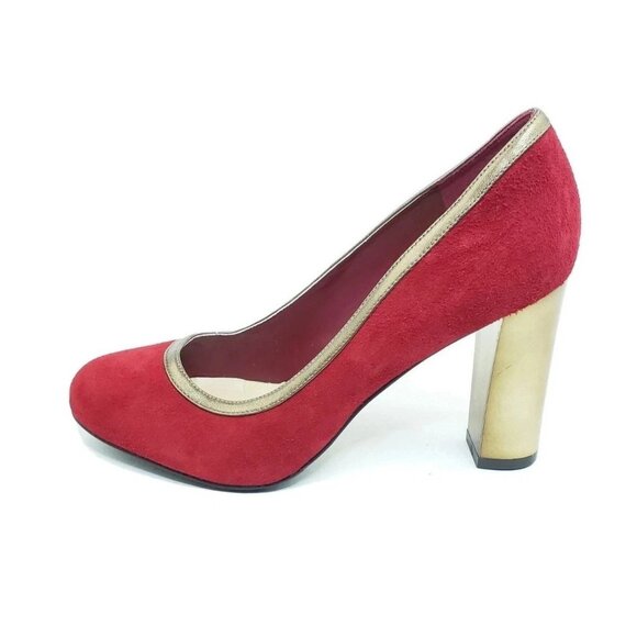 Cole Haan Edie High Party Pump Womens Red Suede Gold Trim Heels Size 8B - Picture 1 of 11